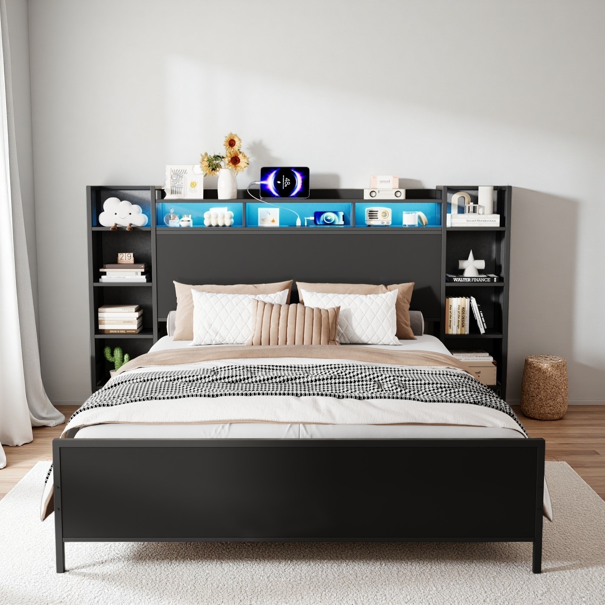 Metal Platform Bed Frame with USB Charging Station, Storage Headboard, and LED Lights