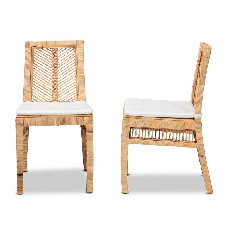 Suci Modern Bohemian Natural Brown Rattan 2-Piece Dining Chair Set