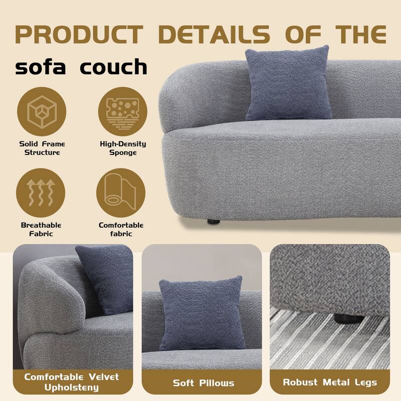 Minimalist Curved Sofa with Pillows - Soft Corduroy or Cozy Polar Fleece Upholstery
