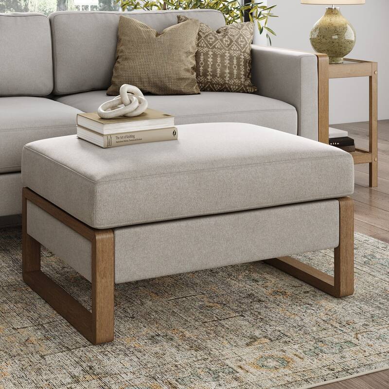 Madison Modern Ottoman Coffee Table with Storage, Upholstered Ottoman with Solid Wood Legs - Sand/Light Brown