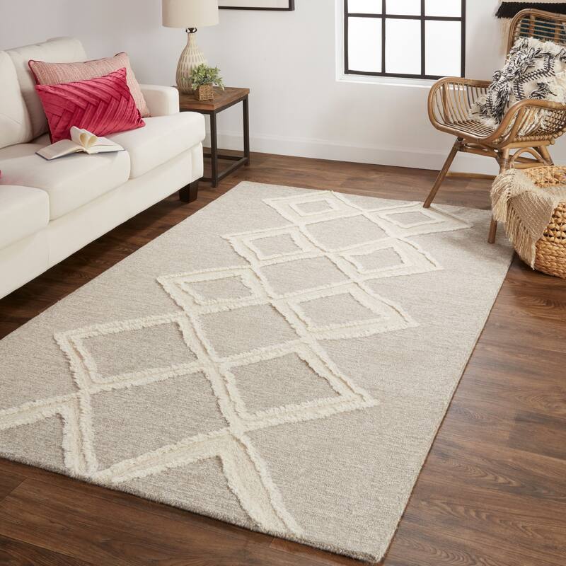 Elika Moroccan Wool Tufted Rug, Moroccan Style, Taupe/Ivory