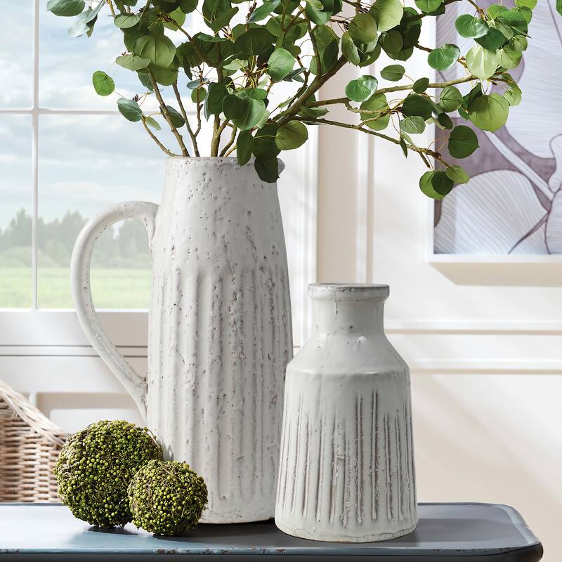 2-Piece Vintage White Ribbed Terracotta Pitcher Vase Set