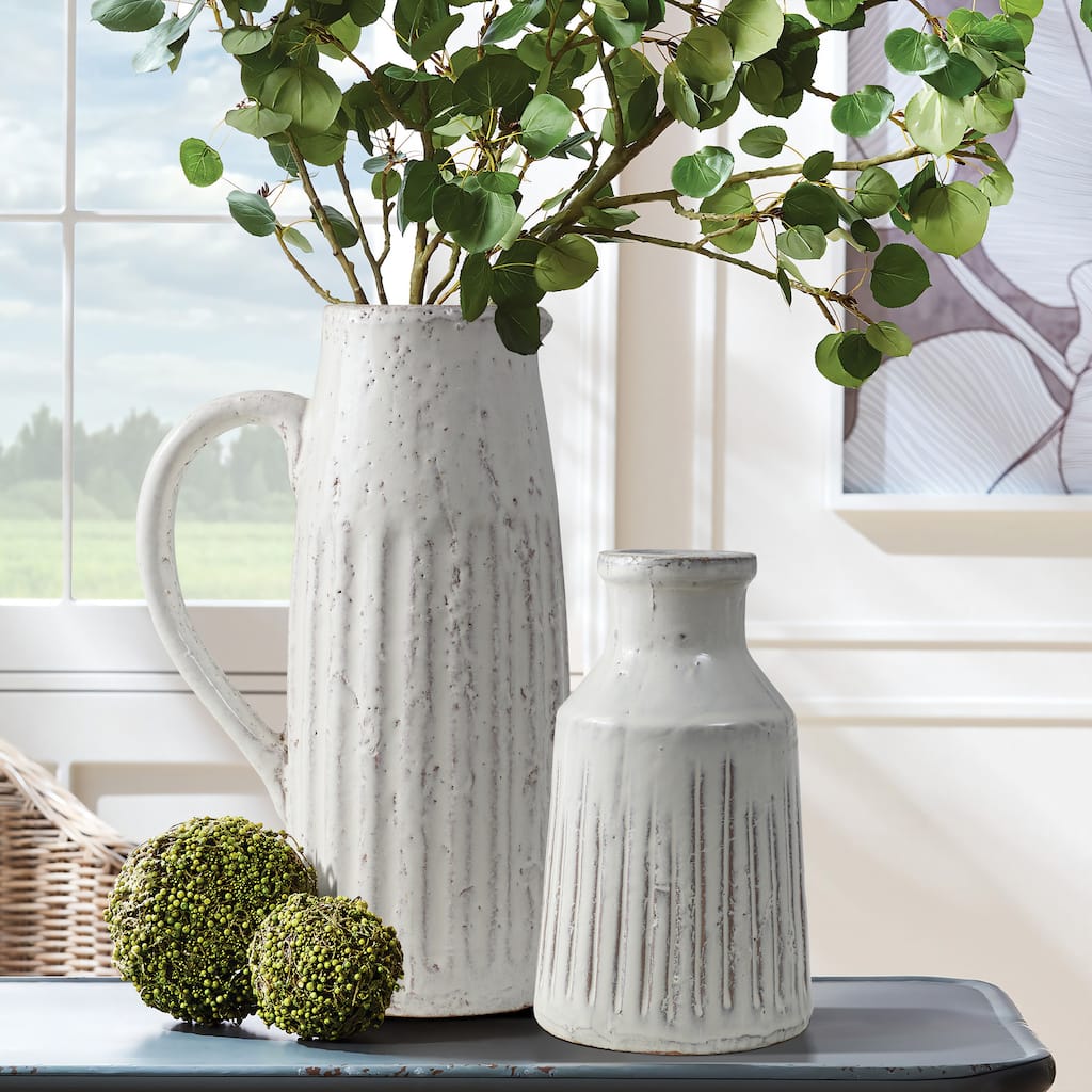2-Piece Vintage White Ribbed Terracotta Pitcher Vase Set