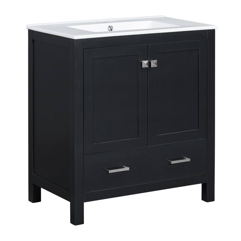 30" Black Solid Wood Bathroom Vanity Set - Undermount Sink Combo with 2 Doors, 1 Drawer & Soft-Close Mechanism‌