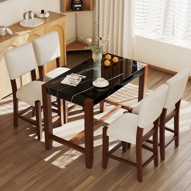 5-Piece Counter Height Dining Table Set, Faux Marble Bar Table and 4 Upholstered-Seat Chairs, Modern Dining Set for Dining Room - Black+Beige