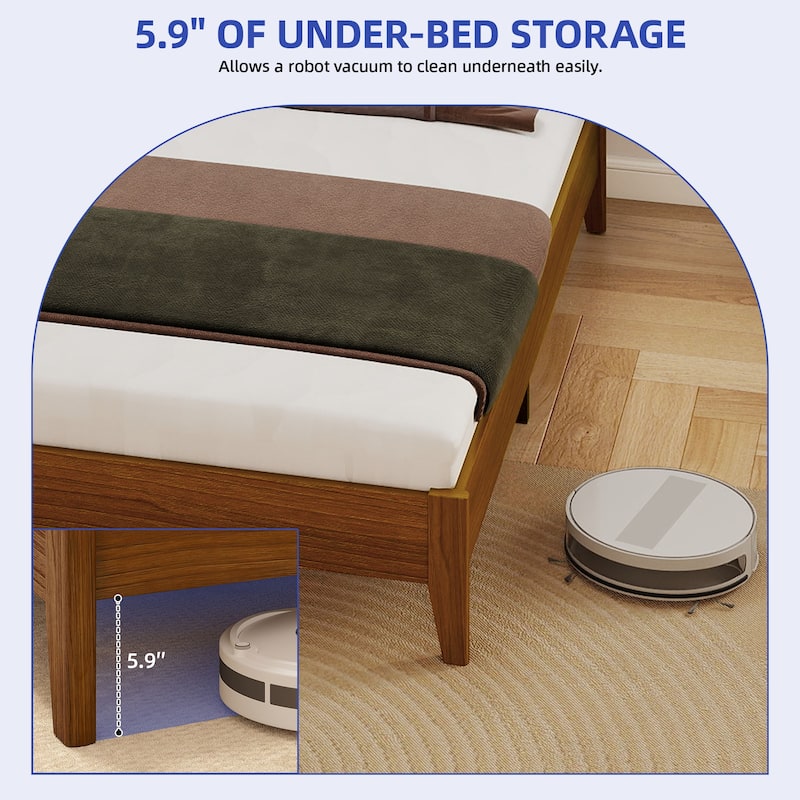 Queen/King Size Bed Frame with Adjustable Headboard Heights and Solid Wood Headboard, Walnut Color