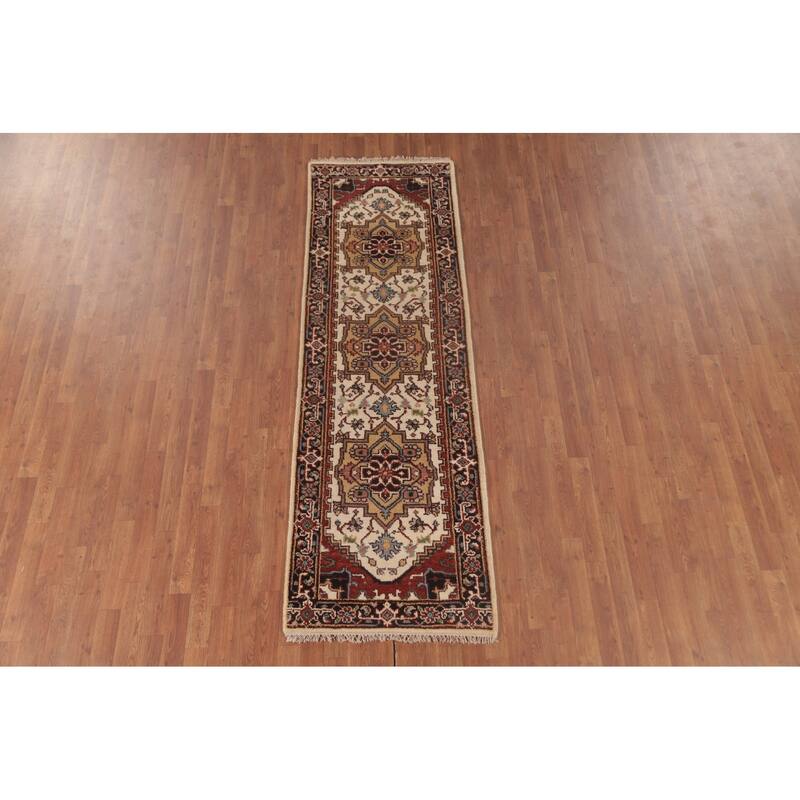 Geometric Heriz-Serapi Runner Rug Hand-Knotted Bedroom Wool Carpet - 2'6"x 8'0"