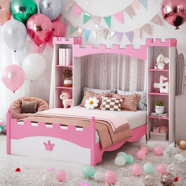 slide 2 of 11, Kids and Baby Castle-Shaped Wooden Twin Size Platform Bed with Storage Shelf