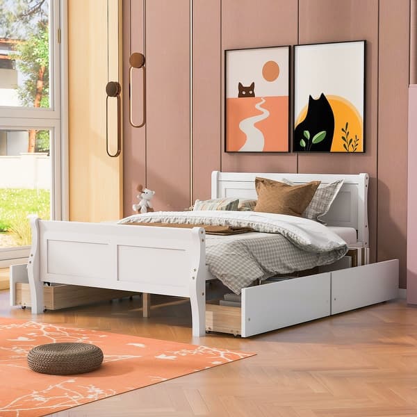 slide 2 of 9, Full Size Wood Platform Bed with 4 Drawers, Elegant Design White