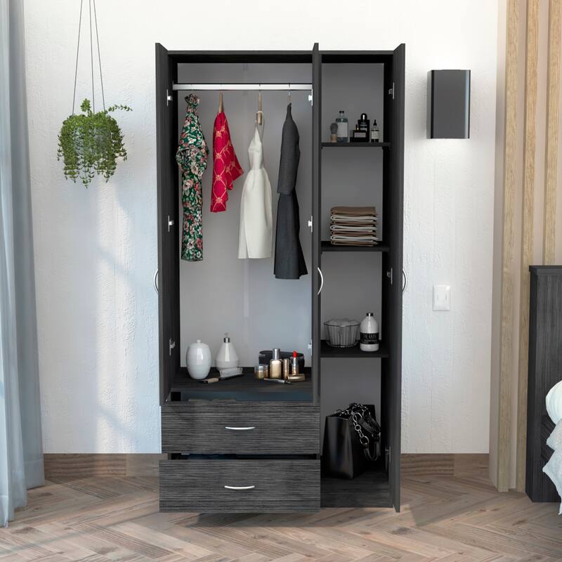 35.4" Modern Three-door Armoire with Hanging Rod, 5 Tall Spacious Shelves and Two Drawers - Smoke Grey