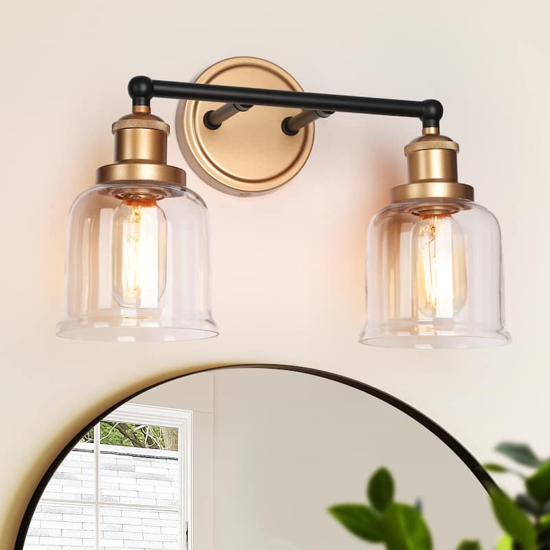 Mid-century Modern Black Gold Wall Sconces with Clear Bell Glass for Bathroom Vanity - L 15" x W 7" x H 10"
