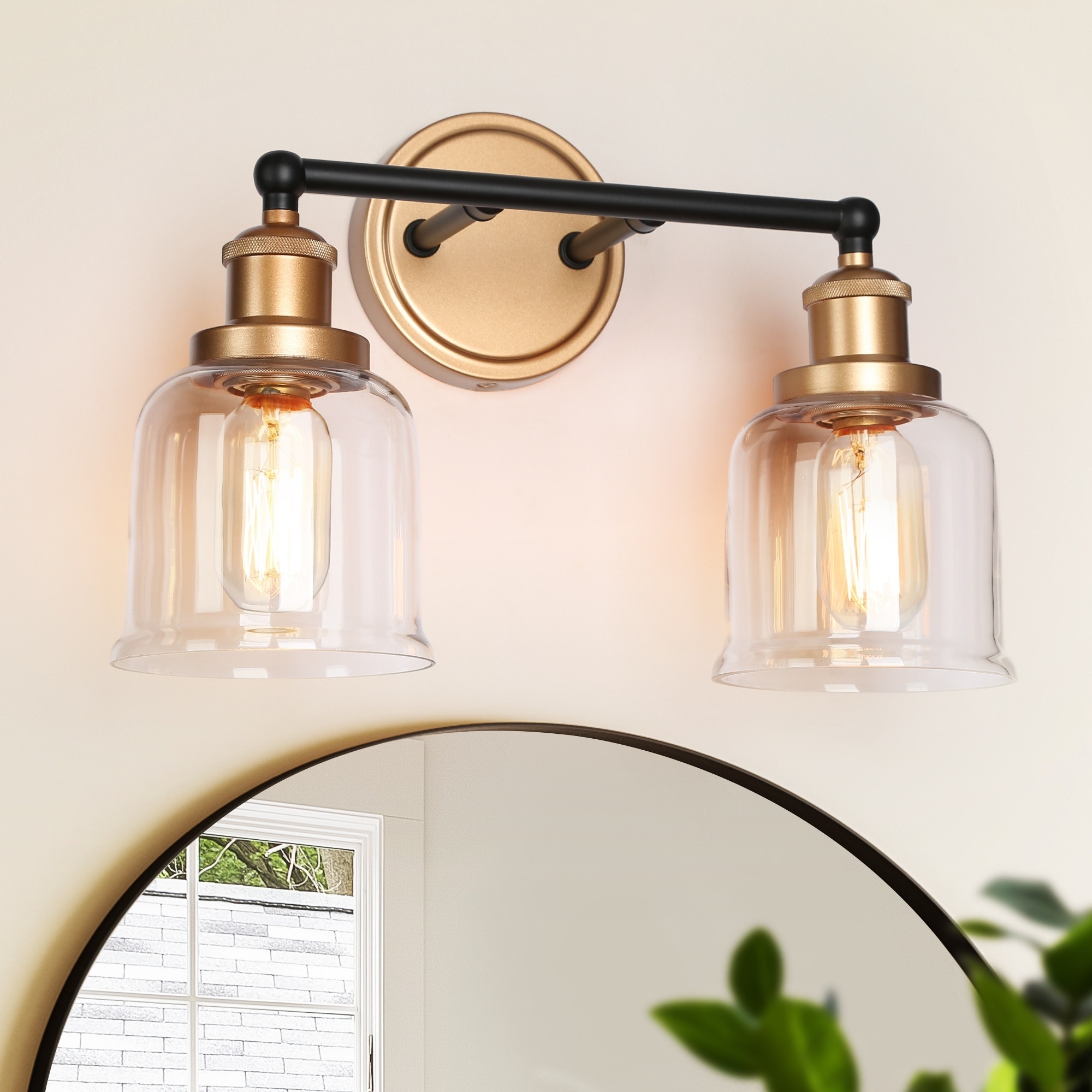 Mid-century Modern Black Gold Wall Sconces with Clear Bell Glass for Bathroom Vanity - L 15" x W 7" x H 10"