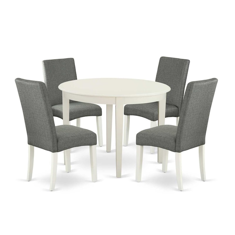Modern Dining Set 5 Piece - Round Kitchen Table & 4 Fabric Chairs - 42 Inch - Linen White