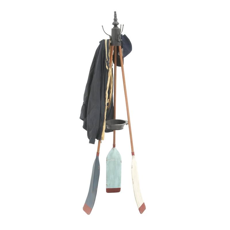 Metal Paddle Oar 3 Hook Coat Rack with Wooden Poles and Storage Tray - Blue - Roche River Decor