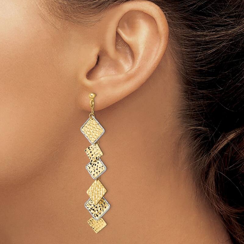 Curata 14k Two tone Gold Polished and Brushed Sparkle Cut Post Dangle Earrings - 67mm long