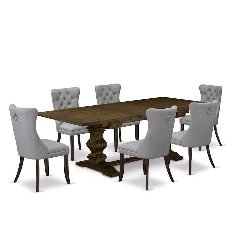 7 Piece Dining Set - Rectangle Wood Table with 6 Upholstered Chairs