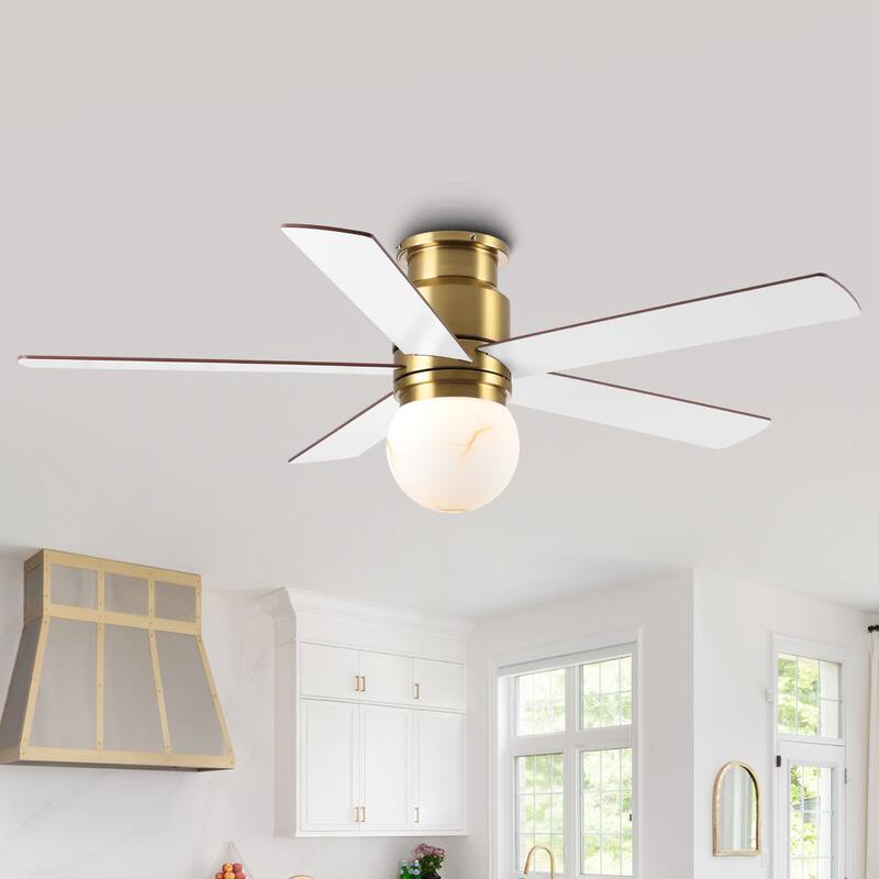 52" Modern Plating Gold Globe Glass Flush Mount Ceiling Fan with Light and Remote
