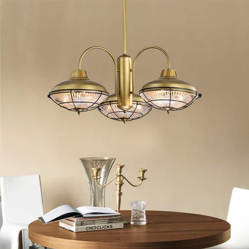 Minny Brushed Bronze 3-Light Chandelier with Rippled Glass and Metal shade
