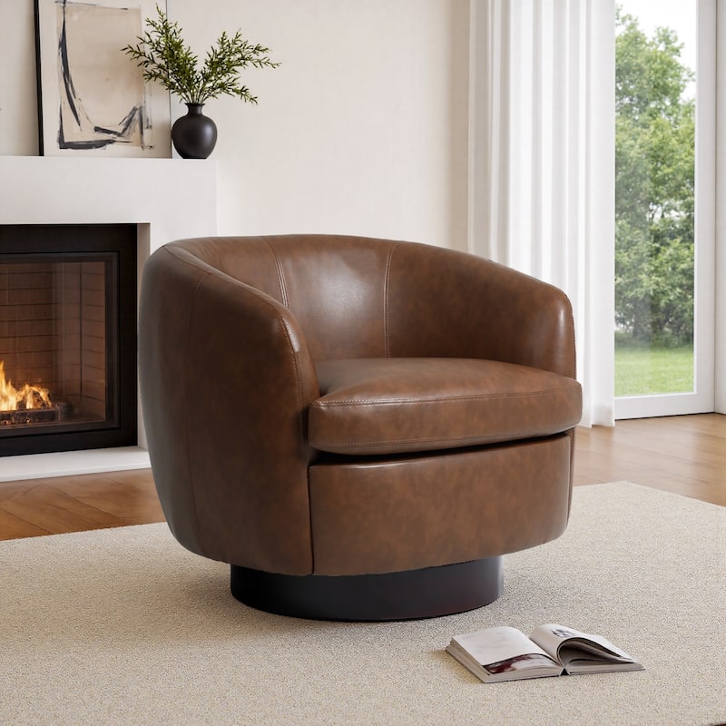 Leather Upholstered Swivel Barrel Accent Chair With Wood Base - Brown