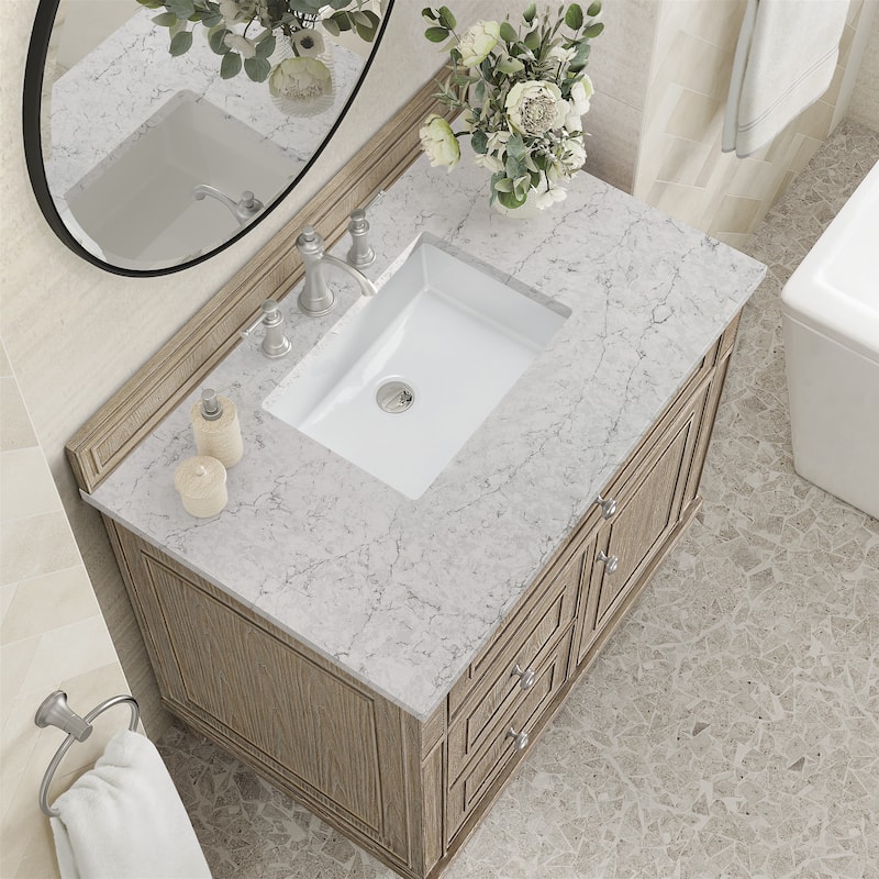 James Martin Vanities Lorelai 36" Single Vanity, Whitewashed Oak - Eternal Jasmine Pearl.