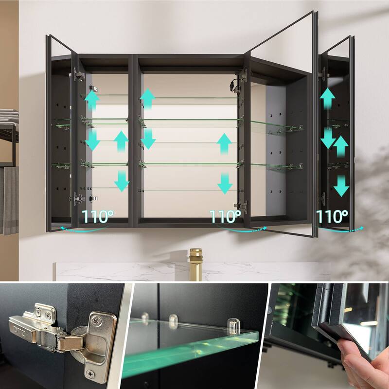 ZEAFIVE LED Black Bathroom Medicine Cabinet Surface Mount Defog Medicine Cabinet 3 Lights Dimmable