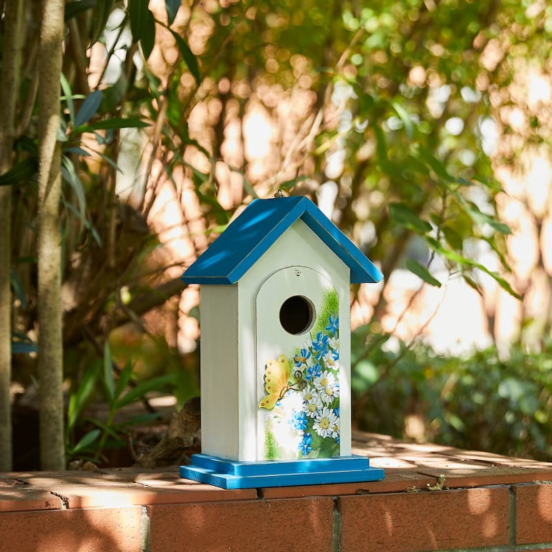 Glitzhome 11.75"H Distressed Solid Wood Daisy with Butterfly Birdhouses