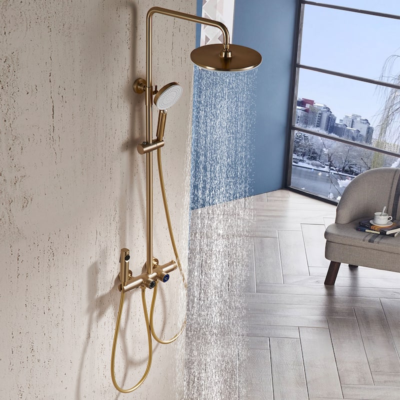 Wall Mounted 6-way Thermostatic Rain Showerhead with high-pressure Handheld Showerhead and Spray in Black/Gold
