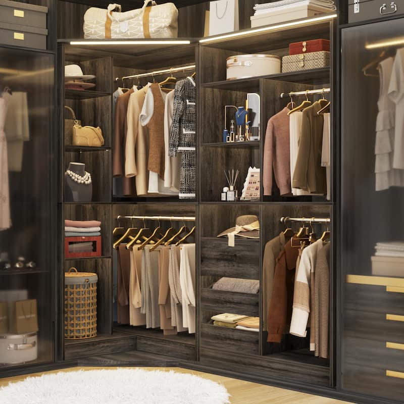 Qvella Set of 2 Corner Closet System with Drawers and Hanging Rods,72 Inches Wide Closet Organizer for Walk-in Closet