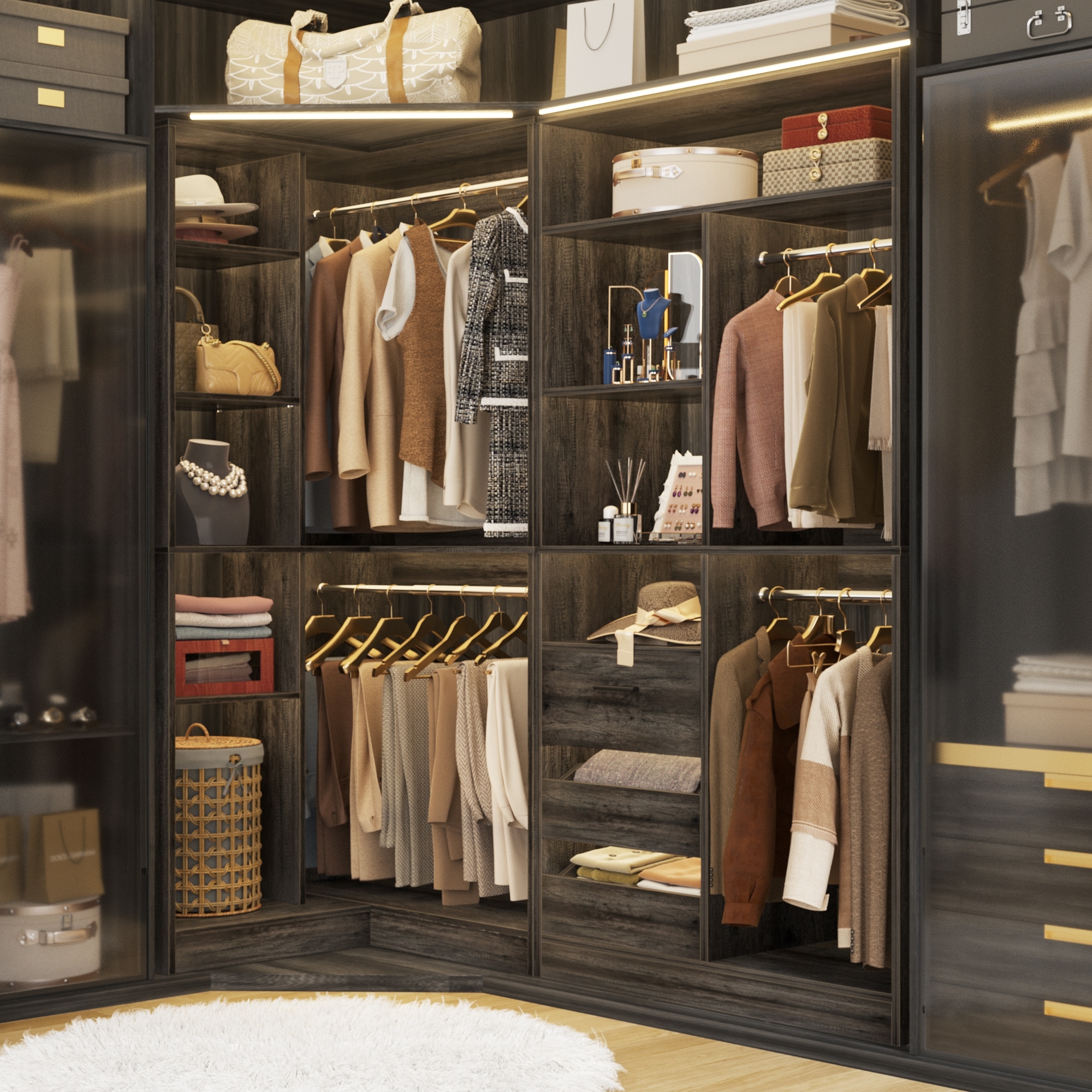 Qvella Set of 2 Corner Closet System with Drawers and Hanging Rods