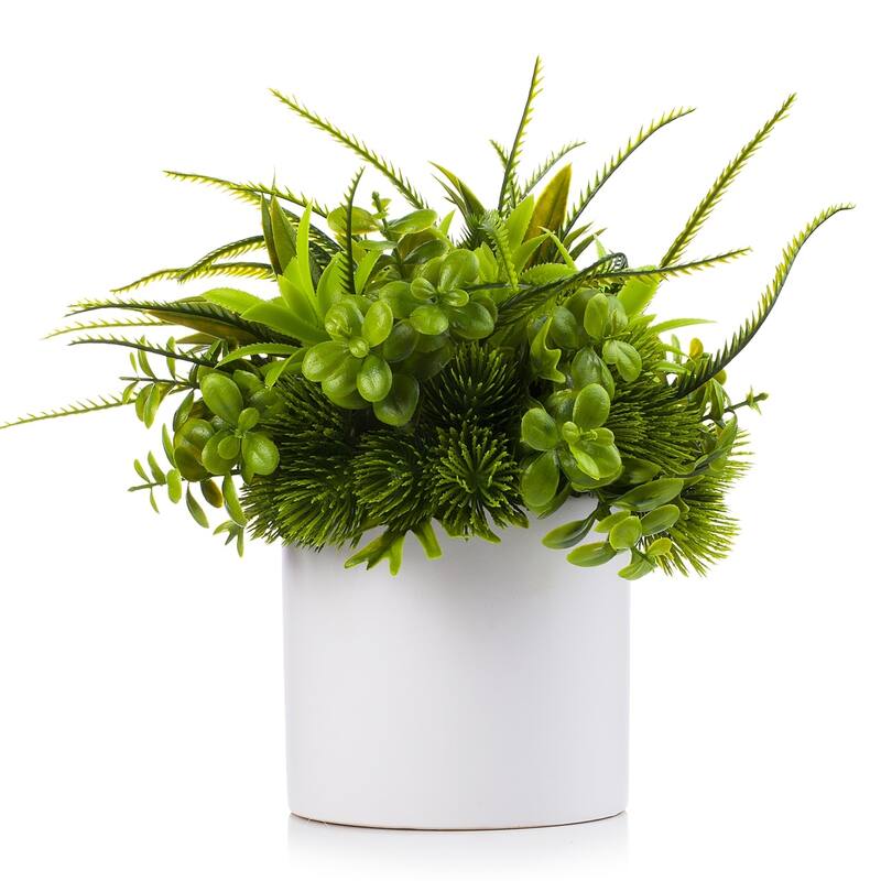 Enova Home Artificial Mixed Eucalyptus Grasses Fake Plants Arrangement in White Ceramic Vase for Home Office Decoration - Green