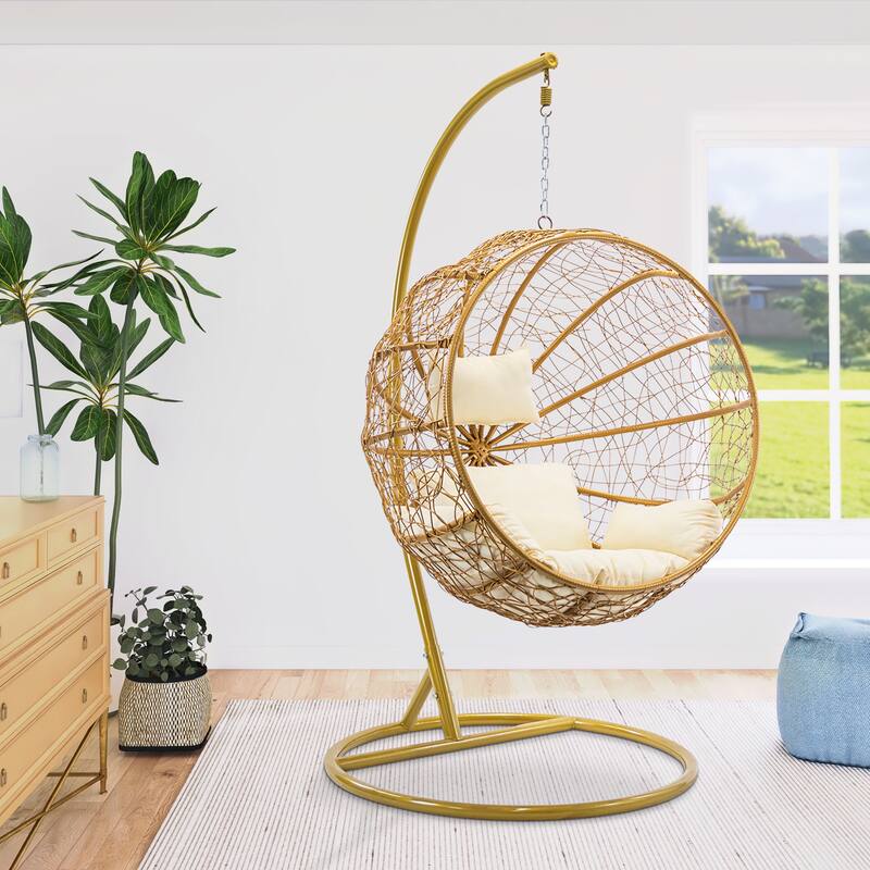 Modern Outdoor Gold Wicker Double Hanging Egg Swing Chair
