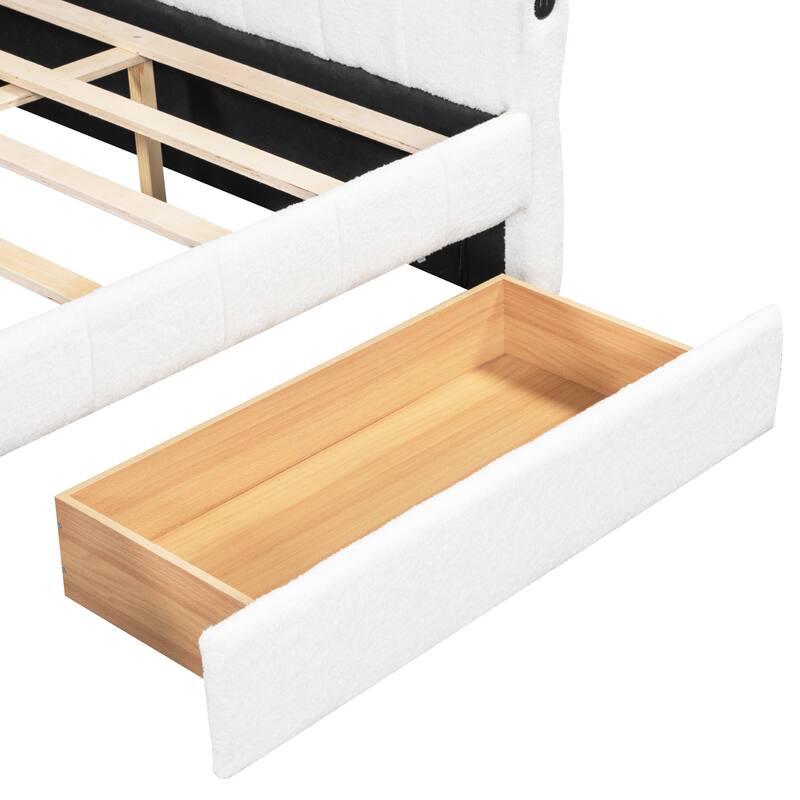 Queen Upholstered Platform Bed Frame with Lambswool Fabric, USB Charging Port, Side Storage Drawers, and Armrest Design