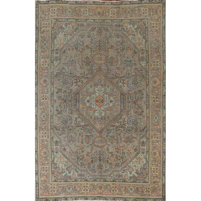 Hand Knotted Oriental 100% Wool Carpet Traditional Medallion Greys & Charcoal Tabriz Area Rug - 9' 8'' X 6' 9''