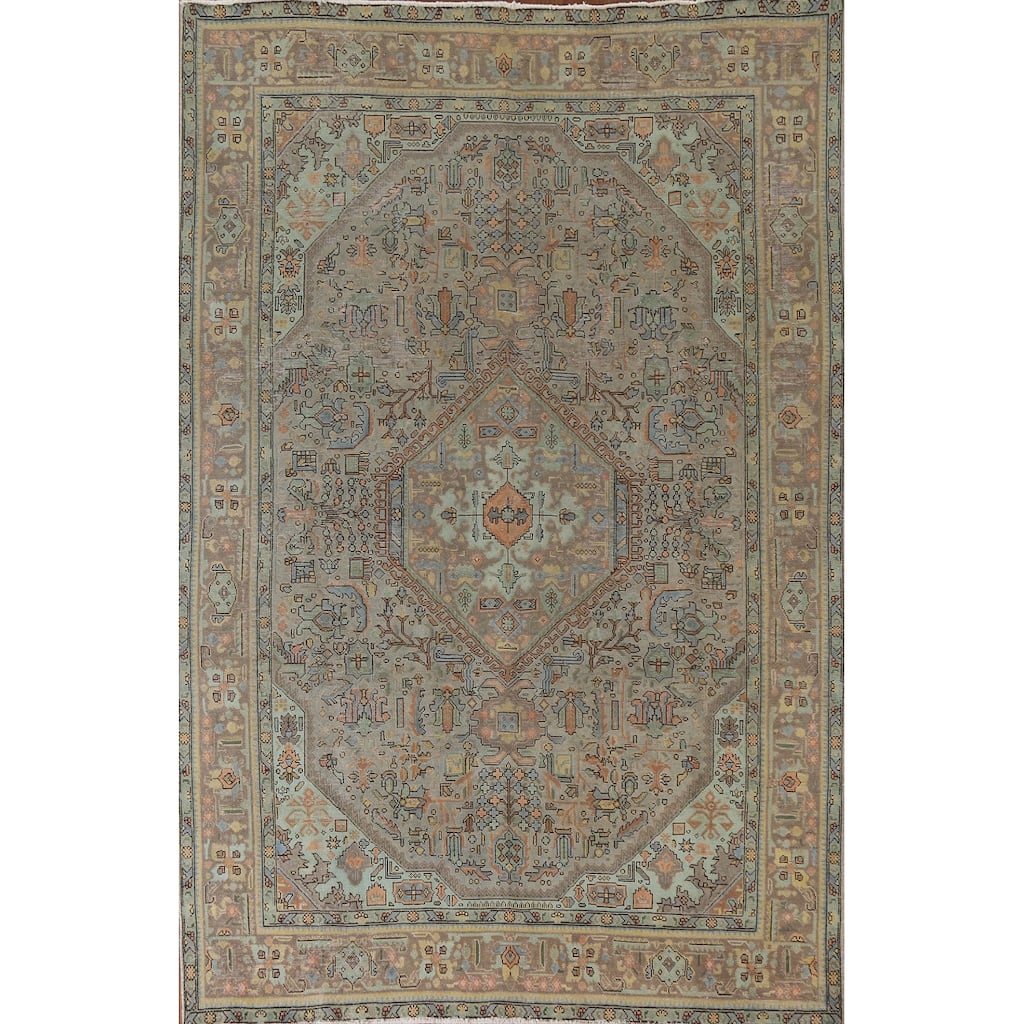Hand Knotted Oriental 100% Wool Carpet Traditional Medallion Greys & Charcoal Tabriz Area Rug - 9' 8'' X 6' 9''