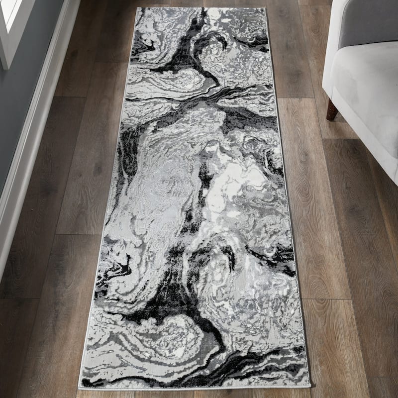 Ksamil Collection Abstract Area Rug - 2'2 x 7'8 Runner - Gray/Black