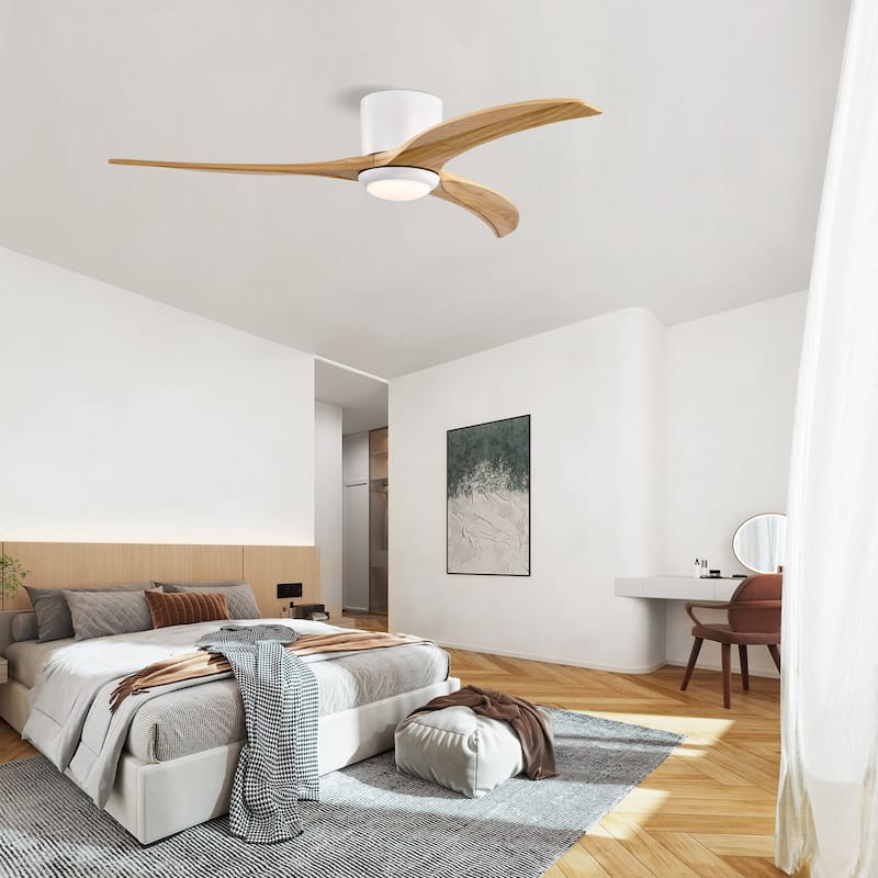 52" Flush Mount Ceiling Fan Solid Wood Blades Ceiling Fan With Light With Remote Control,Noiseless Reversible Motor,6 Speed