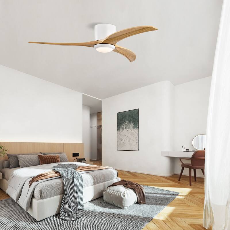 52" Flush Mount Fan Light, 3 PCS Solid Wood Blades Ceiling Fan with Lights Remote Control, Quiet DC Motor, 6 Speed