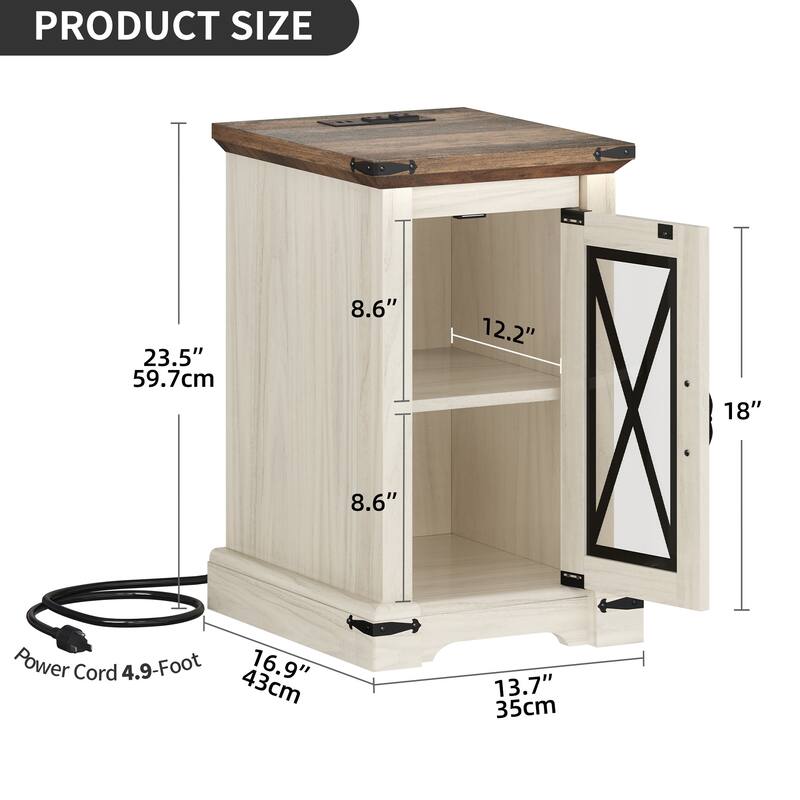 Moasis Farmhouse LED Light End Table with Charging Station, Chairside Sofa Side Table with Storage