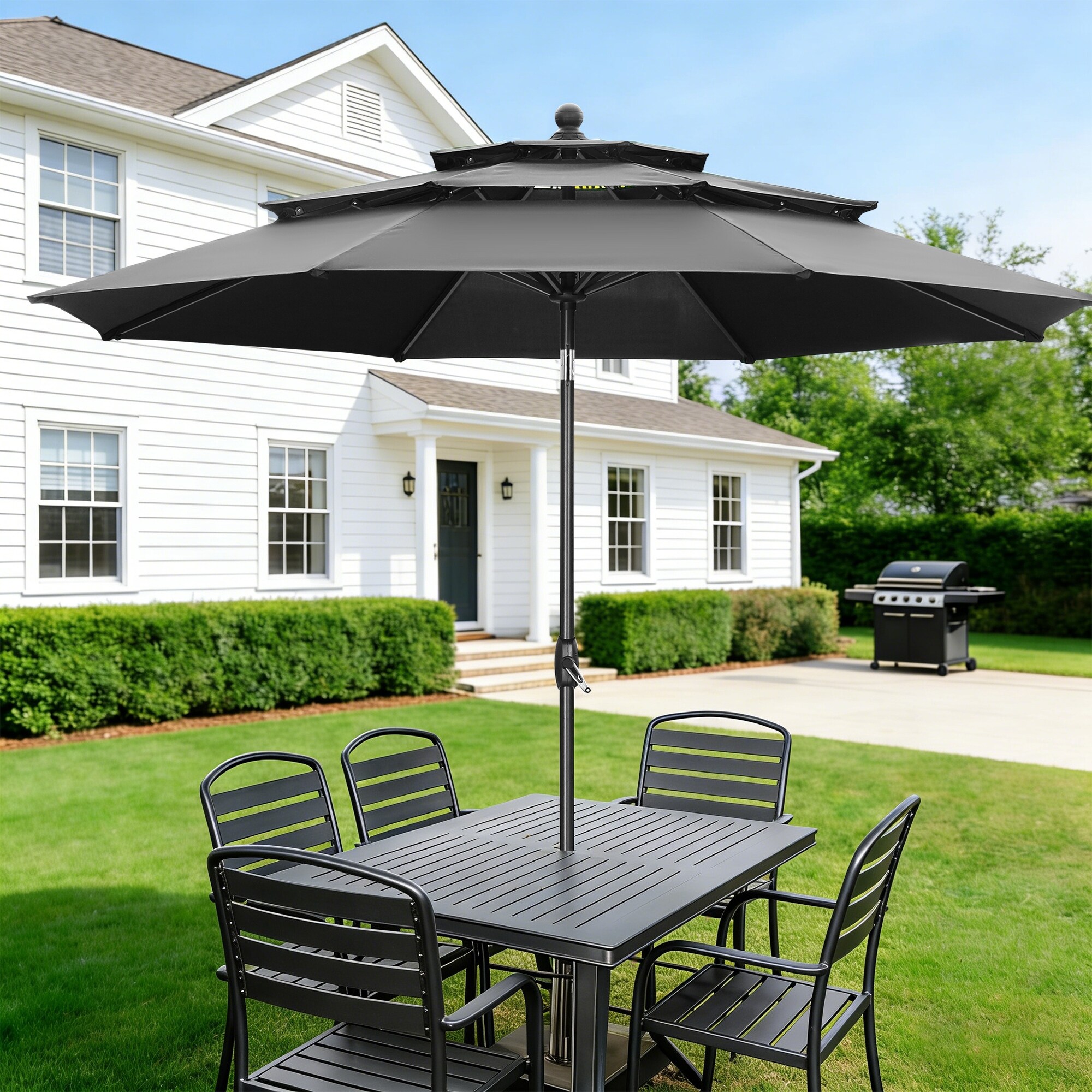 Ainfox 10 ft Patio Outdoor Umbrella with 3 Tiers and Crank Tilt Market Table Umbrella