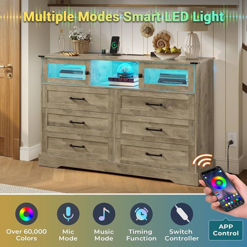 6 Drawers Dresser LED Charging Station Farmhouse Chest of Drawers