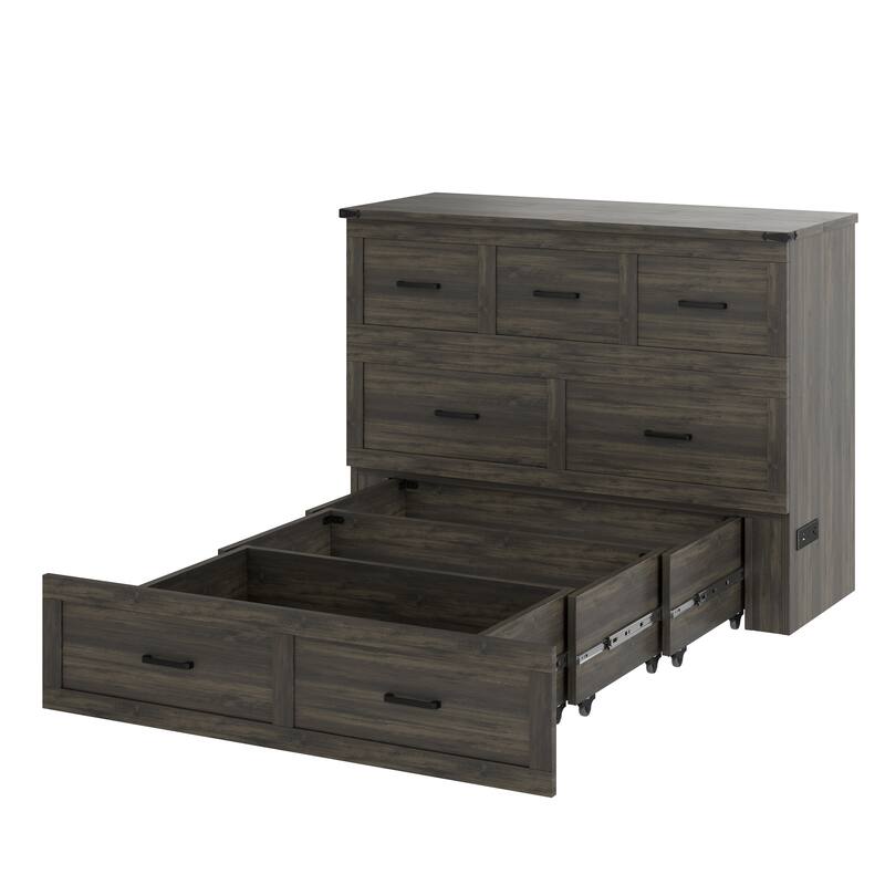 Full Size Foldable Cabinet Bed with Charging Station and Storage Drawer, Rustic Gray