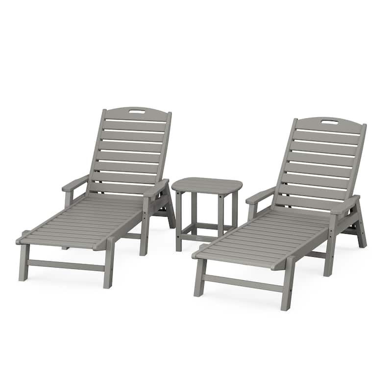POLYWOOD Nautical 3-Piece Chaise Lounge with Arms Set with South Beach 18" Side Table - N/A - Slate Grey