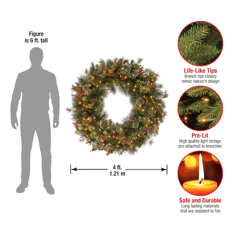 National Tree Company 4 ft. Wintry Pine Wreath with Clear Lights - 48 inches diameter x 7 inches deep
