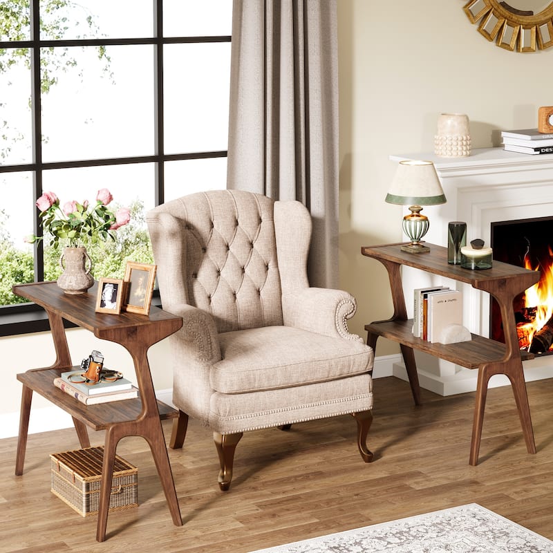 Wood 2-Tier Narrow Side End Chairside Table for Small Space - 2-Piece - Dark Brown