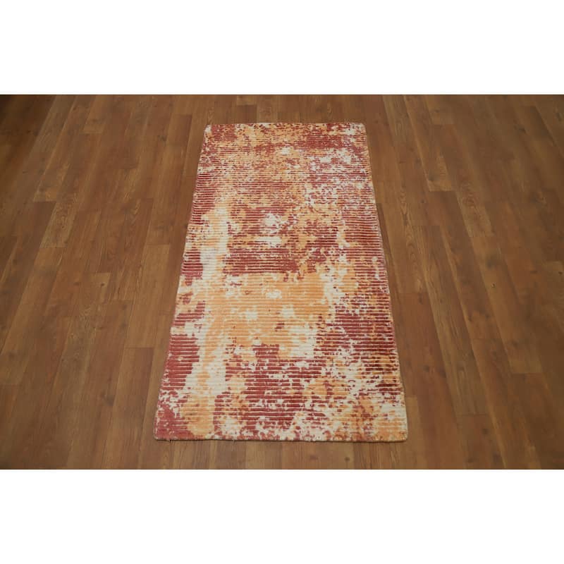 Hand Knotted Oriental Viscose Silk Carpet Modern Abstract Oranges & Rust Abstract Area Rug - 4' 0'' X 2' 0''