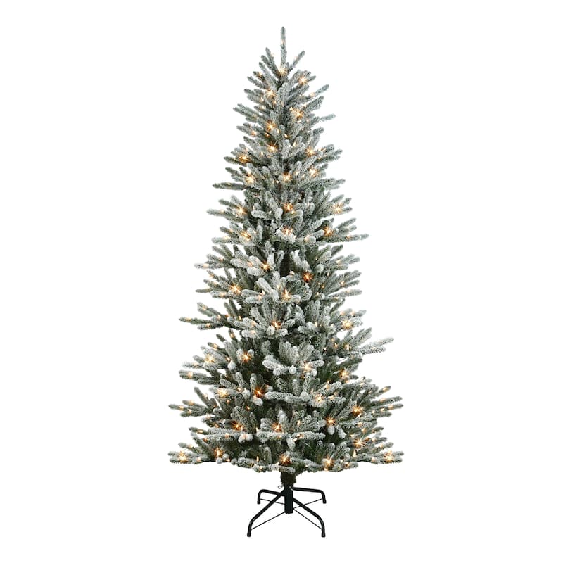 Puleo International 7.5 ft. Pre-Lit Flocked Artificial Mountain View Spruce Tree with 450 Warm White LED Lights