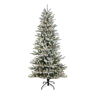Puleo International 7.5 ft. Pre-Lit Flocked Artificial Mountain View Spruce Tree with 450 Warm White LED Lights