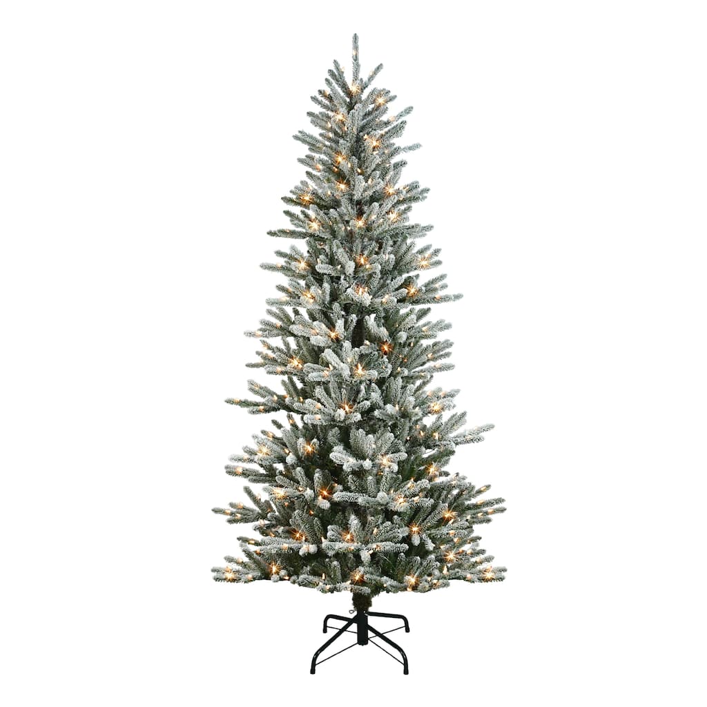 Puleo International 7.5 ft. Pre-Lit Flocked Artificial Mountain View Spruce Tree with 450 Warm White LED Lights