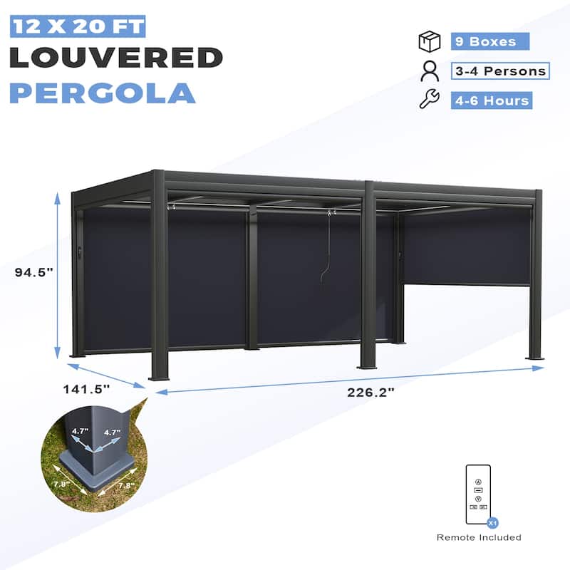EROMMY Outdoor Louvered Pergola Gazebo with Adjustable Aluminum Rainproof Roof and Pull-Down Screen