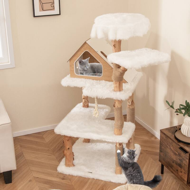60" Tall Solid Wood Cat Tree Modern Wooden Cat Tower with 2 Perches and 2 Large Platforms - 27" x 27" x 60"